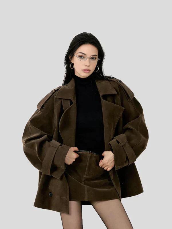 Lapel Loose Suede Jacket Brown
