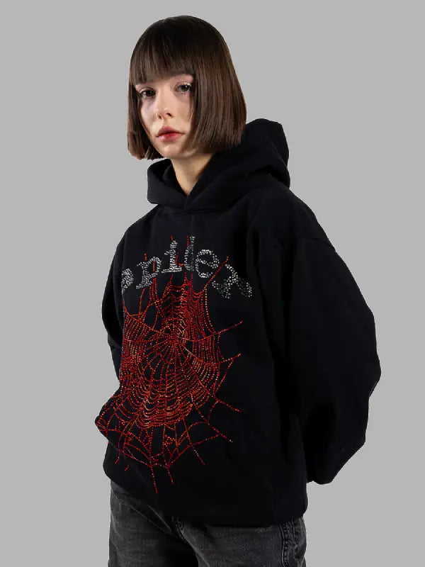 Sp5der OG Rhinestone Logo Hoodie Black
