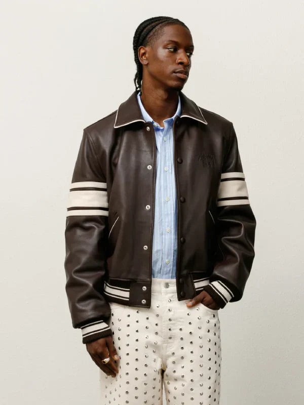 Stussy Wales Bonner Brown Leather Varsity Jacket